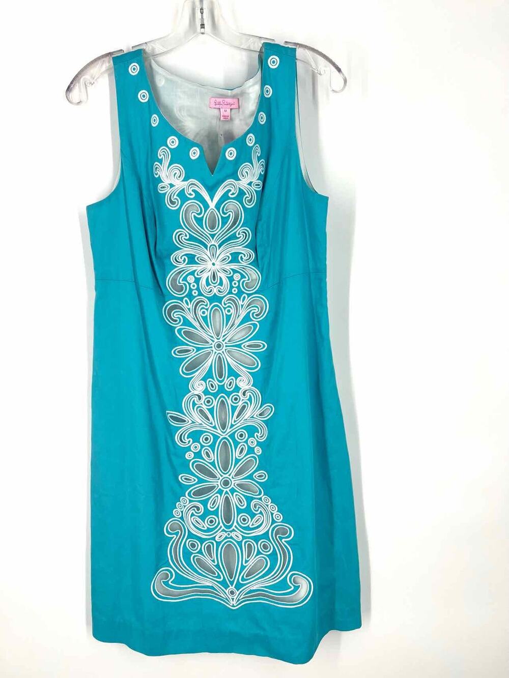 Lilly Pulitzer Size L Turq/White Embroidered V-Neck Designer Dress